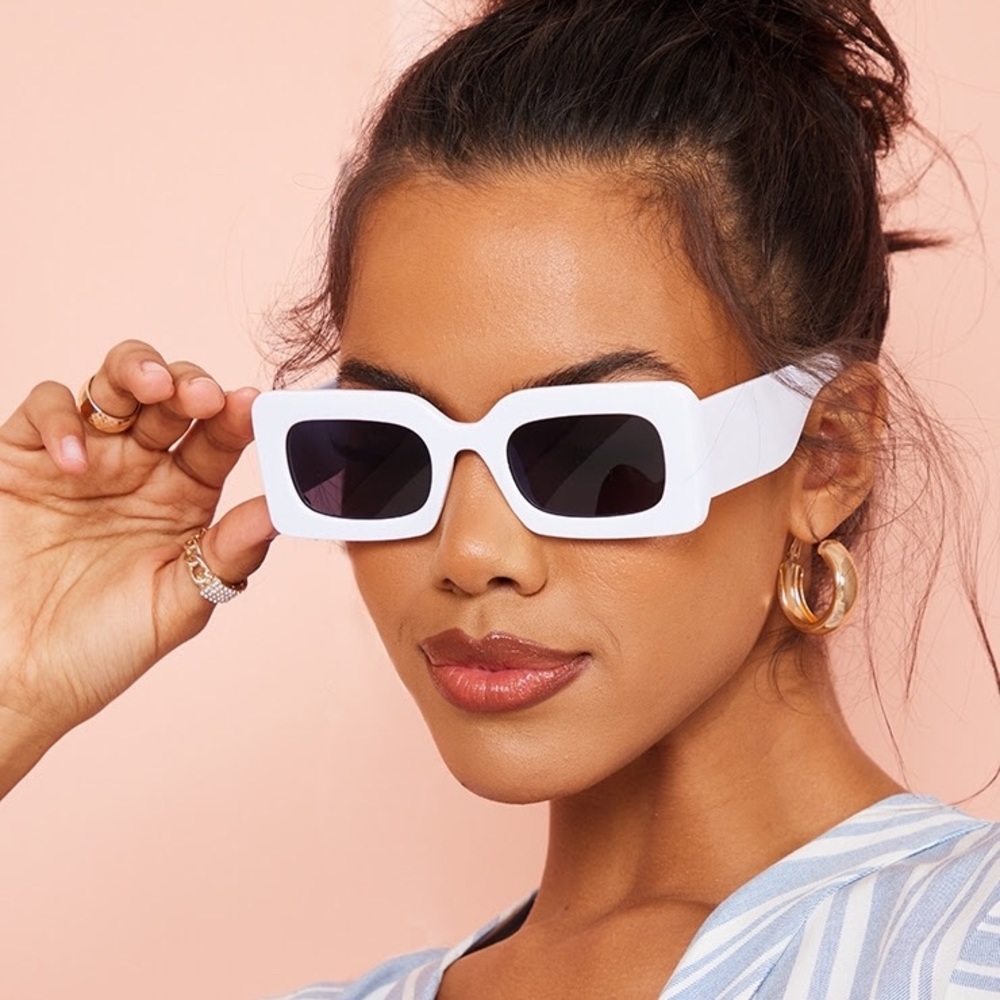 White Retro Chunky Rectangular Sunglasses New